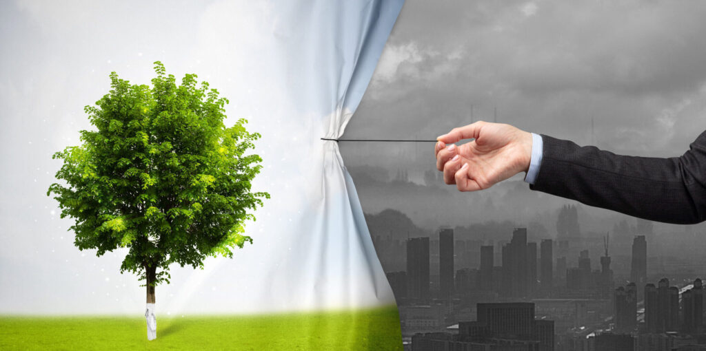 hand pulling nature cityscape curtain to gray cityscape